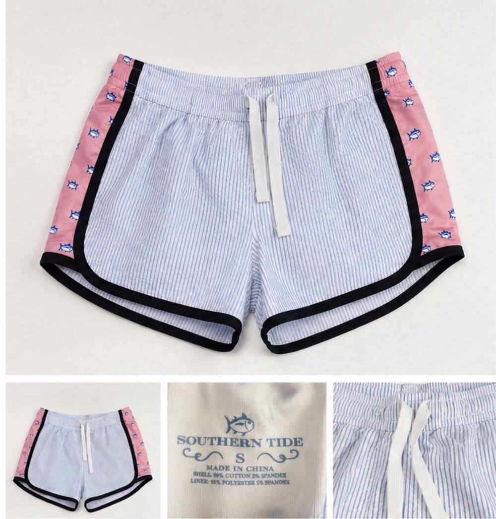 Southern Tide Girls S Blue Seersucker Pink Fish Print Lined Lounge Shorts